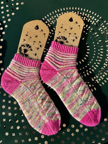 Handgestrickte Damensocken mit pinken Bündchen und meliertem Zopfmuster auf hölzernen Sockenformern mit Pusteblumenmotiv, auf grünem Tisch.