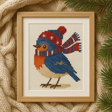 Winter Robin Cross Stitch Pattern – Cute Bird in Knit Hat and Scarf - Embroidery