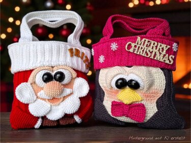 Häkelanleitung Geschenkbeutel Set / Weihnachtsmann / Pinguin
