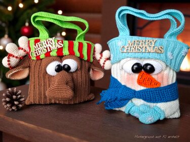 Häkelanleitung Geschenkbeutel Set / Rentier  / Schneemann