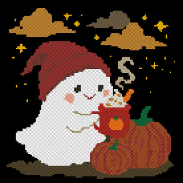 Cute Ghost on Pumpkin Cross Stitch Pattern – Halloween Cozy Latte Embroider - Embroidery