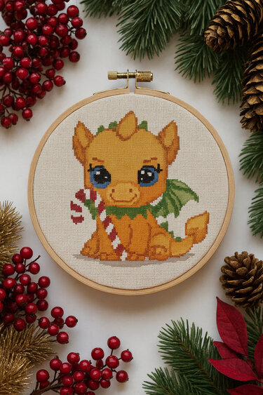 Dragon Cross Stitch Pattern • Cute Baby Dragon with Candy Cane - Embroidery