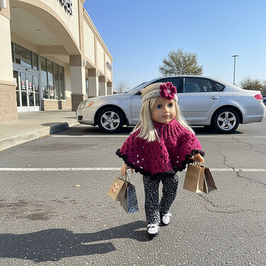 Doll wearing scalloped magenta crochet poncho and floral headband, holding shopping bags in a parking lot