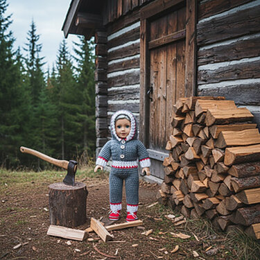 Doll wearing a grey crocheted hooded jacket with white trim, grey pants, and red booties beside a log cabin, stacked firewood, and an axe in a chopping stump.