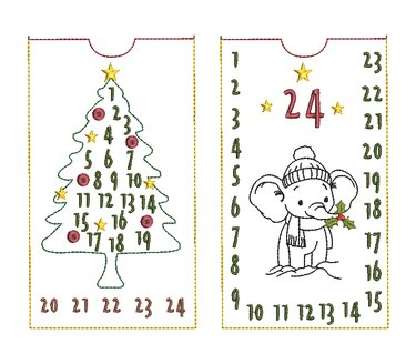 Zwei ITH-Stickdateien für Adventskalender: Weihnachtsbaum mit Zahlen 1–24 und Elefant mit der Nummer 24