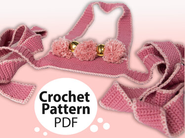 PDF-Häkelmuster-Ansicht: rosa gehäkelte Bänder mit drei Bommel und goldenen Glöckchen