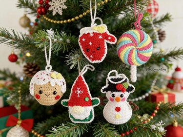 Mehrere gehäkelte Weihnachtsanhänger an einem Tannenbaum: Schneemann, Wichtel, roter Fäustling, bunter Lolli und Cupcake