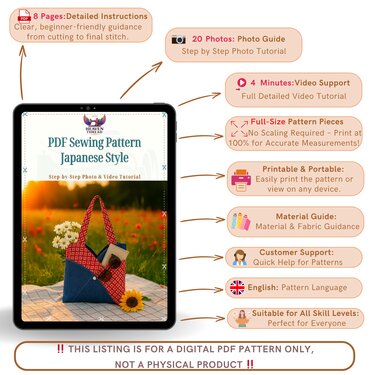 Red Patchwork Tote Bag Pattern - PDF Sewing Pattern Japanese Style Denim