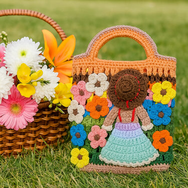 Flower Garden Tote – Crochet Bag Pattern PDF with Girl & Floral Appliqués