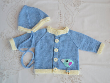 Gestricktes hellblaues Baby-Set mit cremefarbenen Rändern, Cardigan mit Vogelapplikation und passender Mütze