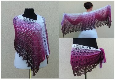 Crochet lace shawl with white-to-pink-to-brown ombre, shown draped on a mannequin, wrapped on shoulders, and tied at the waist.
