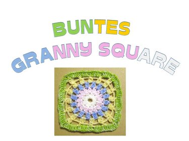 Nahaufnahme eines gehäkelten Granny Square in Pastellfarben mit grünem Rand auf hellem Hintergrund