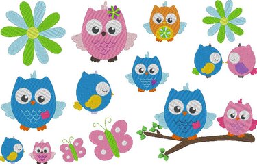 Eulen auf Ast gefüllt Stickdatei - Sticken