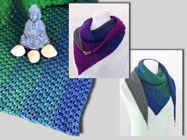 Two crocheted triangle shawls in green-blue-grey and purple-blue-grey on mannequins, with a close-up of the textured stitch and a small Buddha figure.