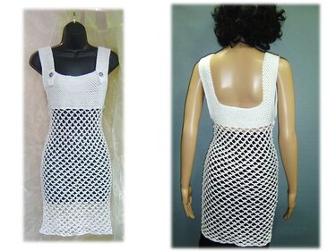 Weißes gehäkeltes Kleid mit dichtem Oberteil und offenem Netzrock, Vorder- und Rückansicht