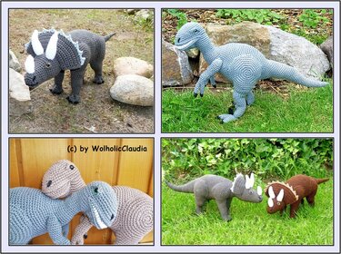 Collage aus vier Fotos gehäkelter Amigurumi-Dinosaurier (Triceratops, Raubdino) in verschiedenen Farben und Posen.