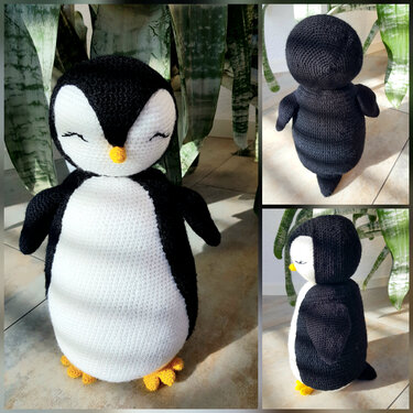 Gehäkelter Amigurumi-Pinguin in schwarz-weiß mit gelbem Schnabel und Füßen, Vorder-, Rück- und Seitenansicht