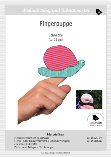Schnecken-Fingerpuppe: Schnittmustervorlage und fertige Puppe auf dem Finger