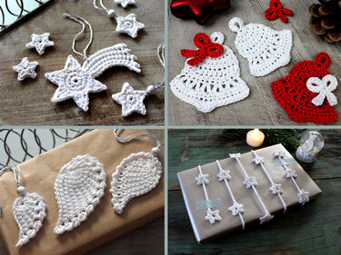 White and red crocheted stars, shooting star, bells, wing-shaped ornaments and star garland arranged on a wooden surface and a wrapped gift