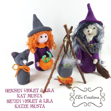 Two amigurumi witch dolls with a black cat, pumpkin, and cauldron.