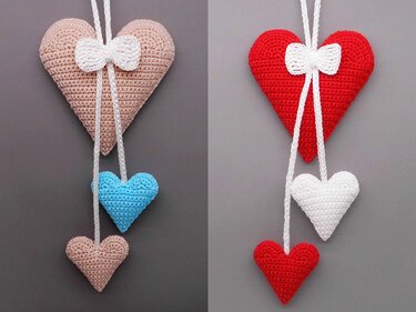 Crochet pattern 3 hearts hanging decoration  - easy and versatile
