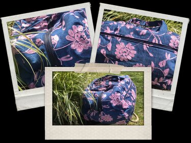 Dunkelblaue Kindergartentasche mit rosa Blumenstickerei und Reißverschluss