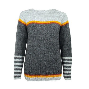 Gestrickter Damenpullover in Grau mit gelben, orangen und roten Streifen