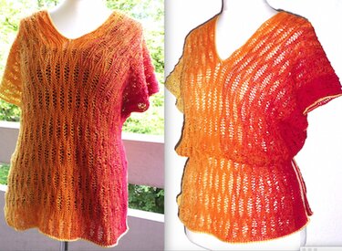 Gestrickter Damenpullover Orange‑Rot mit V‑Ausschnitt, kurzen Ärmeln und Ajourmuster auf Schaufensterpuppe