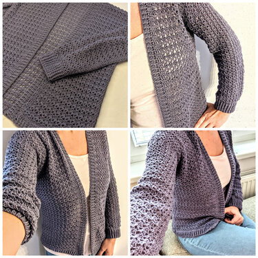 Collage: dunkelgraue gehäkelte Damenjacke mit Lochmuster, teils flach gelegt, teils am Modell getragen