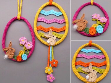 Gehäkelte Türkränze in Eierform in Pink und Gelb mit Häschen-Applikation und bunten Blumen