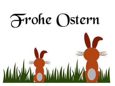 Plottmotiv „Frohe Ostern“ mit zwei Hasen und Gras auf weißem Hintergrund