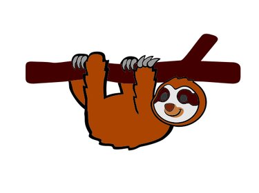 Cartoon-Faultier hängt kopfüber an Ast, braun-orangees Fell, lächelnd