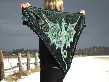 Person hält ein dreieckiges gestricktes Tuch mit türkisem Drachenmotiv auf schwarzem Grund vor winterlicher Landschaft