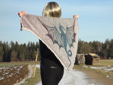 Person von hinten hält gestricktes Dreieckstuch mit großem Drachenmotiv hoch