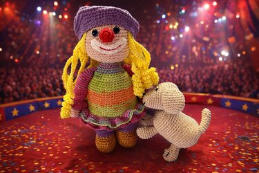 Gehäkelte Clownspuppe mit bunter Kleidung und gelben Haaren neben einem kleinen gehäkelten Hund auf roter Zirkusmanege