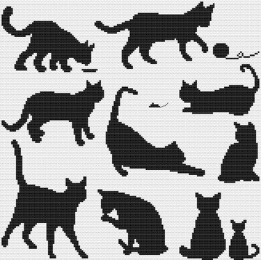 Kreuzstichvorlage Katzensilhouetten,Sampler mit zehn Katzen als PDF und PNG - Sticken