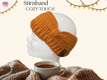 Senfgelbes gehäkeltes Stirnband auf weißem Schaufensterkopf mit Strickdecke und Kaffeetasse