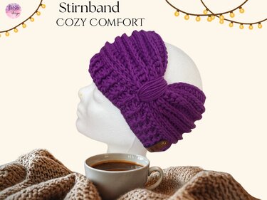 Lila gehäkeltes Stirnband mit Zopfmuster und Schleife auf weißem Kopfmodell, neben gestrickter Decke und Kaffeetasse.