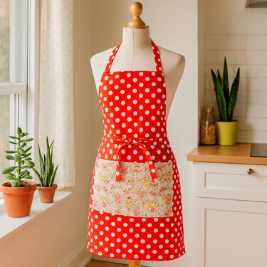 Red polka dot kitchen apron with a floral pocket on a dress form.