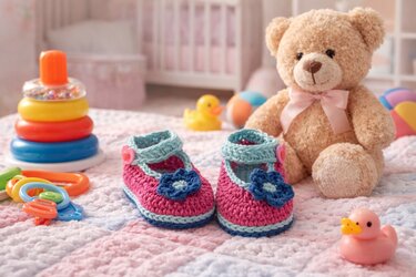 Zwei gehäkelte rosa-blaue Babyschuhe mit blauer Blume und Knopfverschluss auf Babydecke, daneben Teddybär und Spielzeug