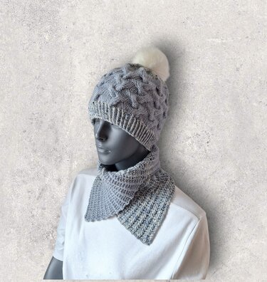 Strickanleitung Zopfmuster - Mütze und Schalkragen im Set, KU 52 - 55  #362