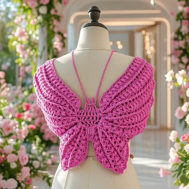 Back view of a pink crochet top with butterfly-shaped openwork back and thin neck ties on a mannequin with floral background.