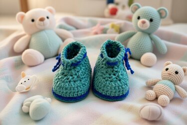 Türkise gehäkelte Babyschuhe mit blauen Bändern auf einer Babydecke, umgeben von Plüschtieren.
