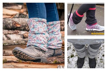 Drei Beispiele genähter Beinstulpen in verschiedenen Längen und Passformen, über Jeans, Leggings, Stiefeln und Sneakern getragen.