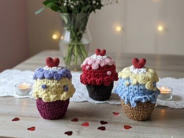Drei gehäkelte Cupcake-Körbchen mit Herz-Toppern auf Spitzenläufer, mit Teelichtern und Herz-Konfetti.
