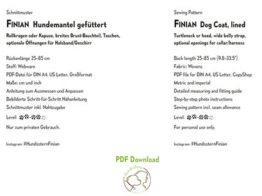 FINIAN dog coat winter coat with lining, XS-XXL, sewing pattern