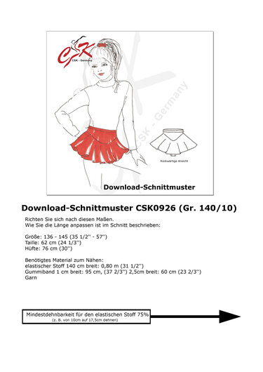 Line drawing of a child wearing a short red ruffled skirt and long-sleeve top, with a separate diagram showing the skirt's back view.