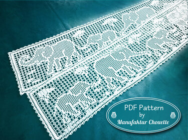Narrow table runner "Elephants", with repeat pattern and border - Crochet