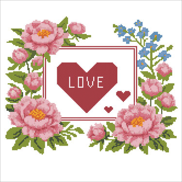 Romantic Love Cross Stitch Pattern – Peonies & Heart Floral Embroidery