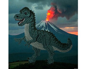 Dark green and grey crocheted dinosaur in front of an erupting volcano at dusk.